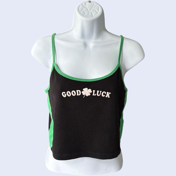 Forever 21 “GOOD LUCK” Shamrock Cami Crop Top Black w/ Green Trim Y2K Size M - Picture 1 of 4